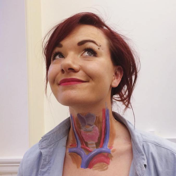 Picture of women with anatomy painted on her neck
